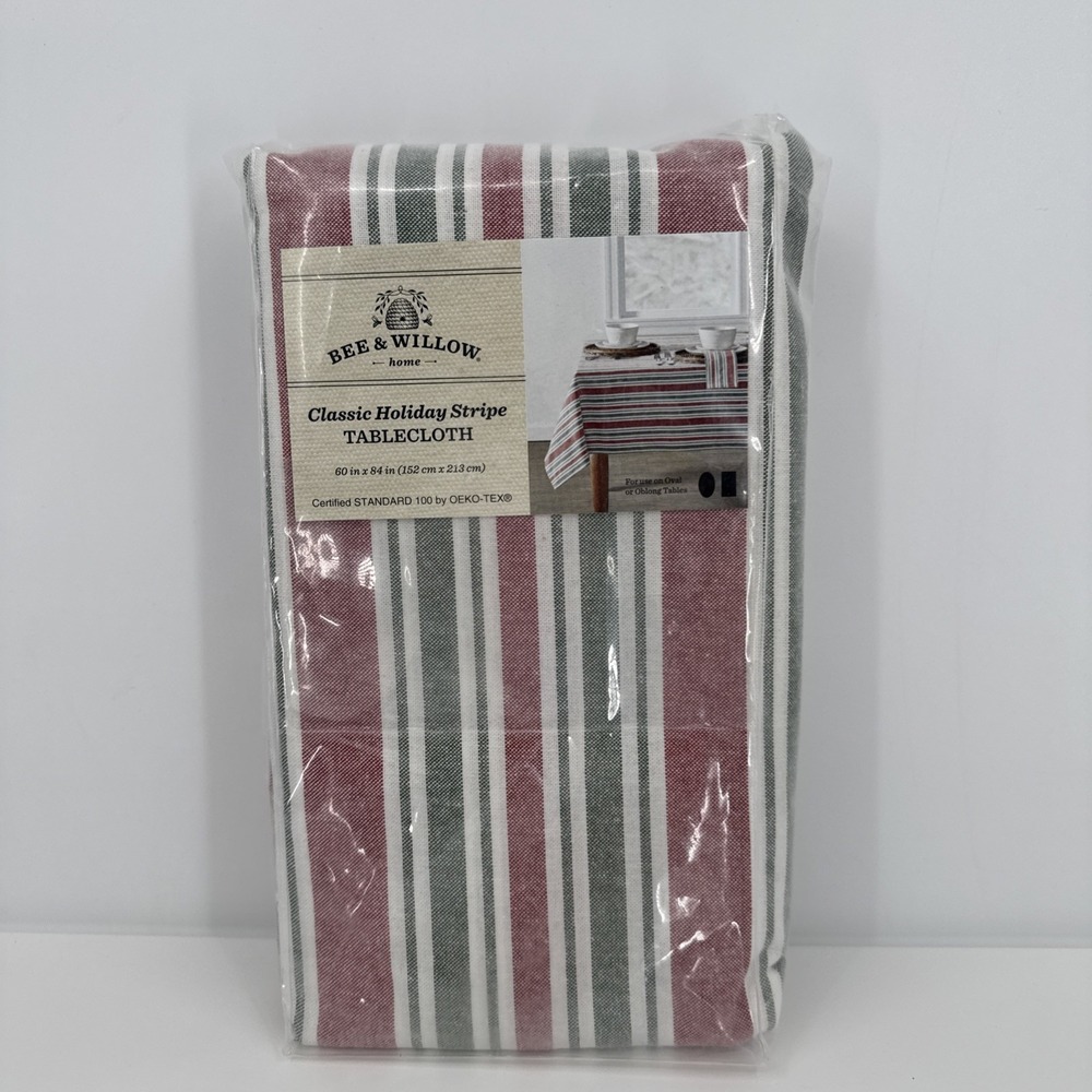 Bee &‎ Willow Red & Green Christmas Stripe Cotton Rich Tablecloth 60x84 Oblong